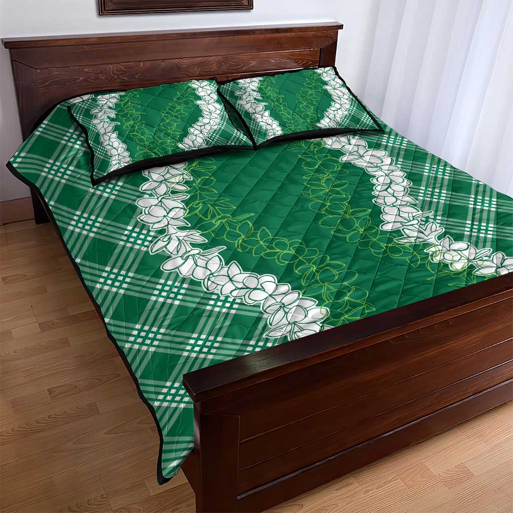 Hawaii Aloha Plumeria Lei Green Palaka Quilt Bed Set - Polynesian Pride