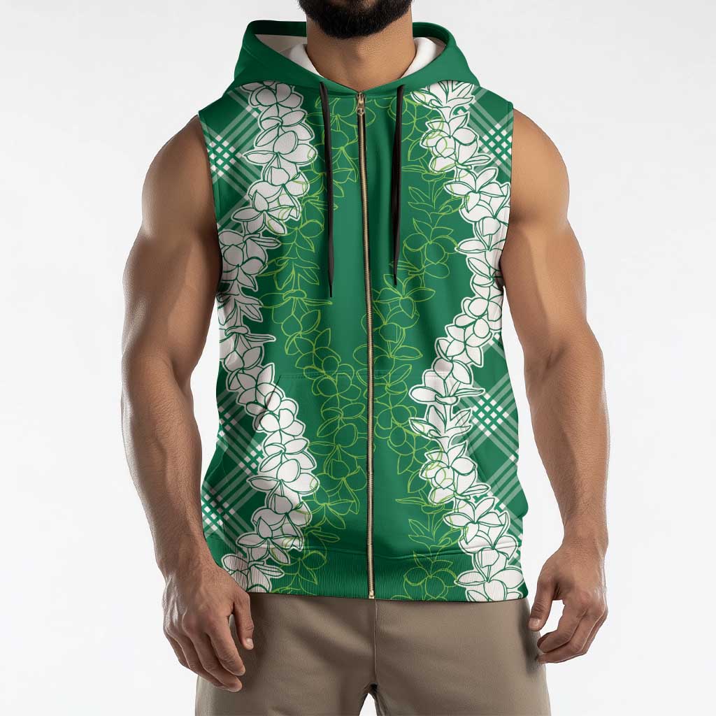 Hawaii Aloha Plumeria Lei Green Palaka Sleeveless Zip Hoodie - Polynesian Pride