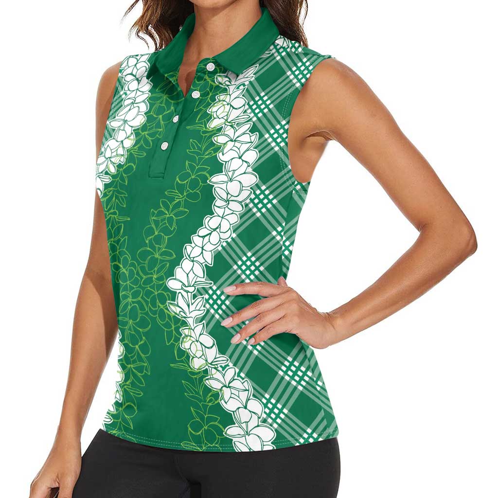 Hawaii Aloha Plumeria Lei Green Palaka Women Sleeveless Polo Shirt - Polynesian Pride