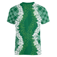 Hawaii Aloha Plumeria Lei Green Palaka Women V-Neck T-Shirt - Polynesian Pride