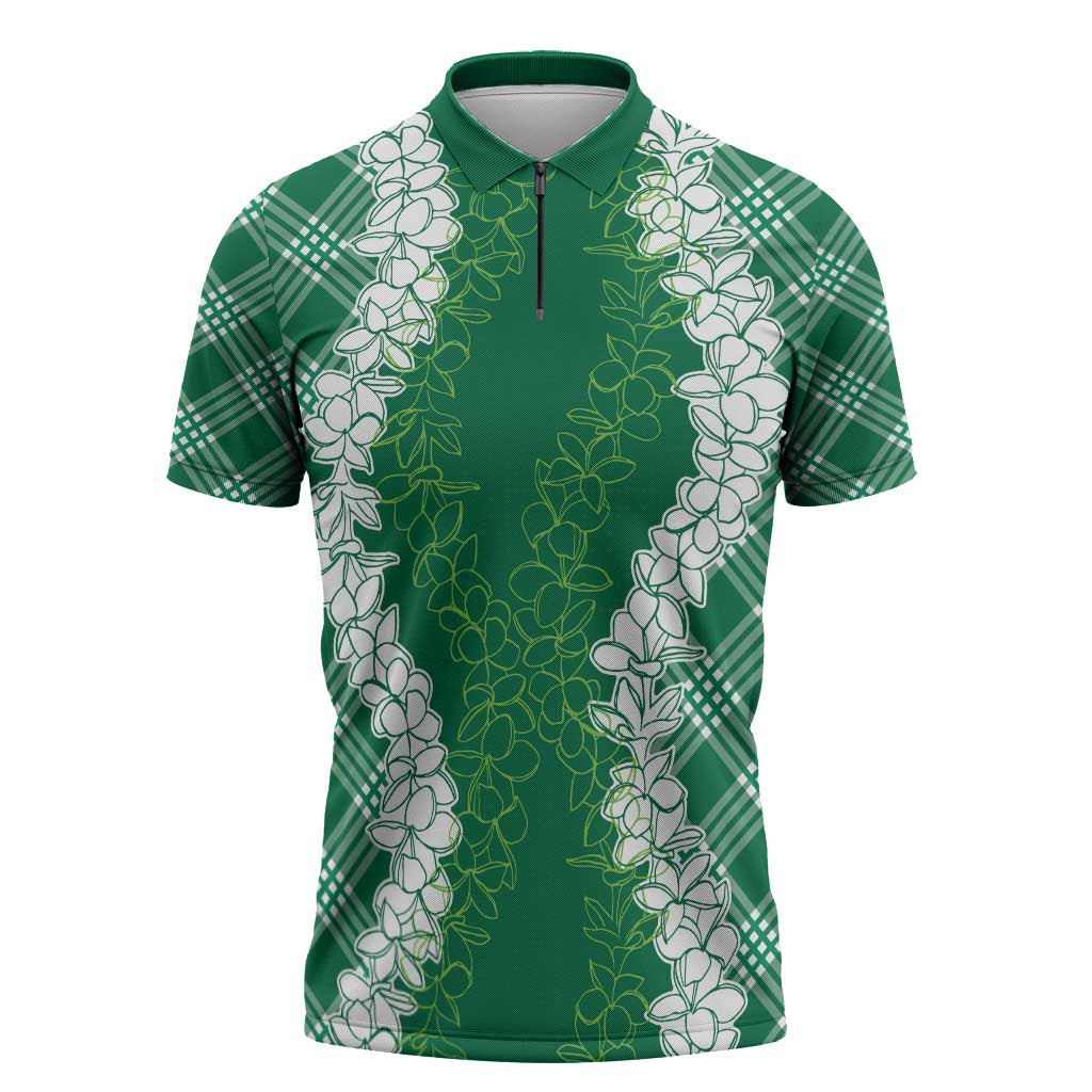 Hawaii Aloha Plumeria Lei Green Palaka Zipper Polo Shirt - Polynesian Pride