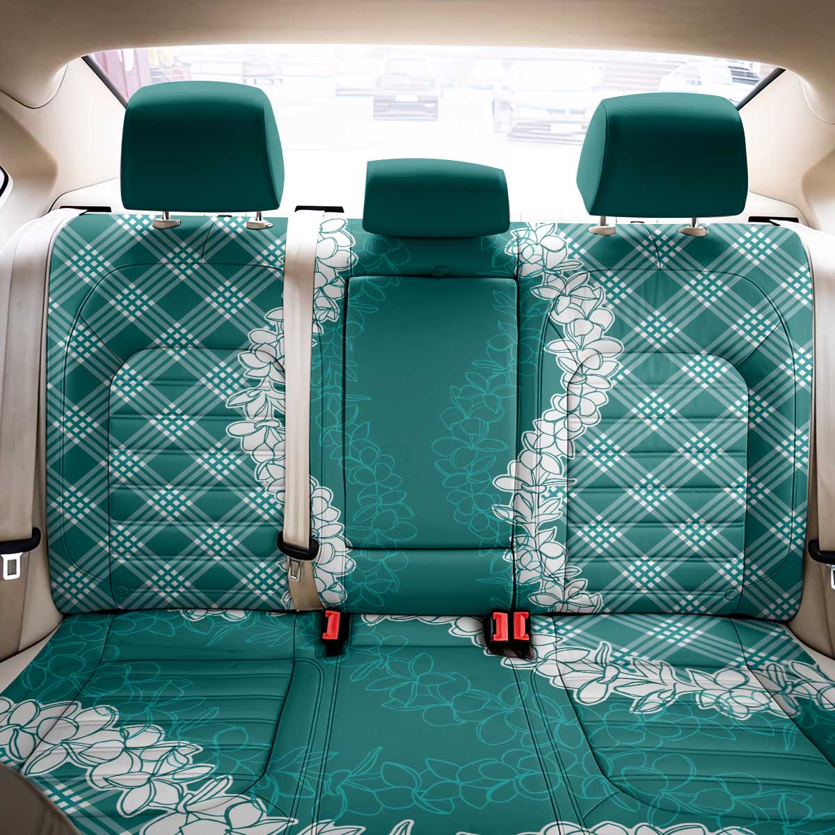 Hawaii Aloha Plumeria Lei Teal Palaka Back Car Seat Cover - Polynesian Pride