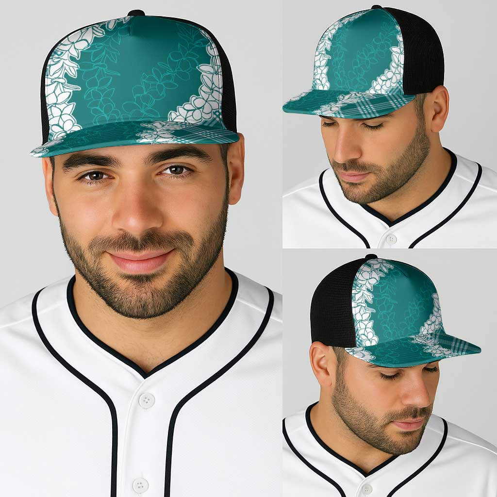 Hawaii Aloha Plumeria Lei Teal Palaka Baseball Net Cap - Polynesian Pride