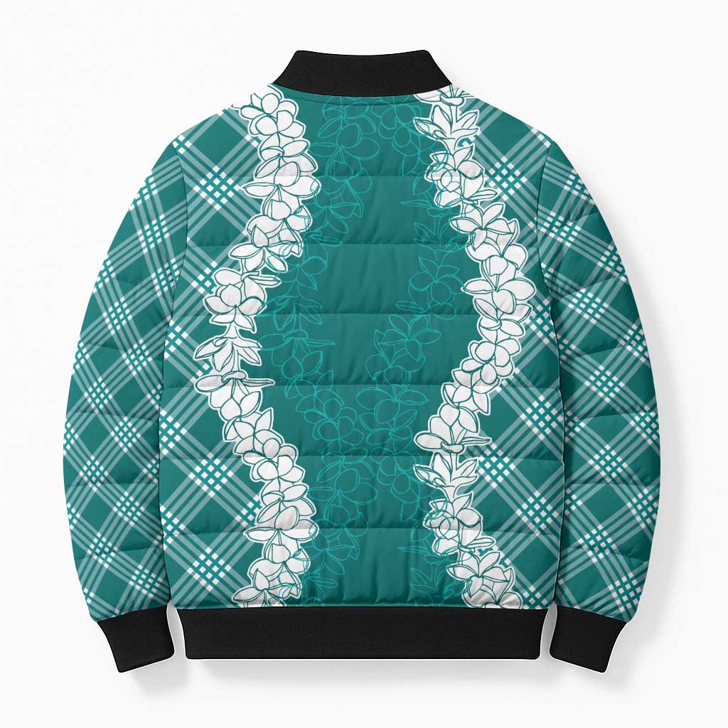 Hawaii Aloha Plumeria Lei Teal Palaka Bomber Puffer Jacket LT7 - Polynesian Pride
