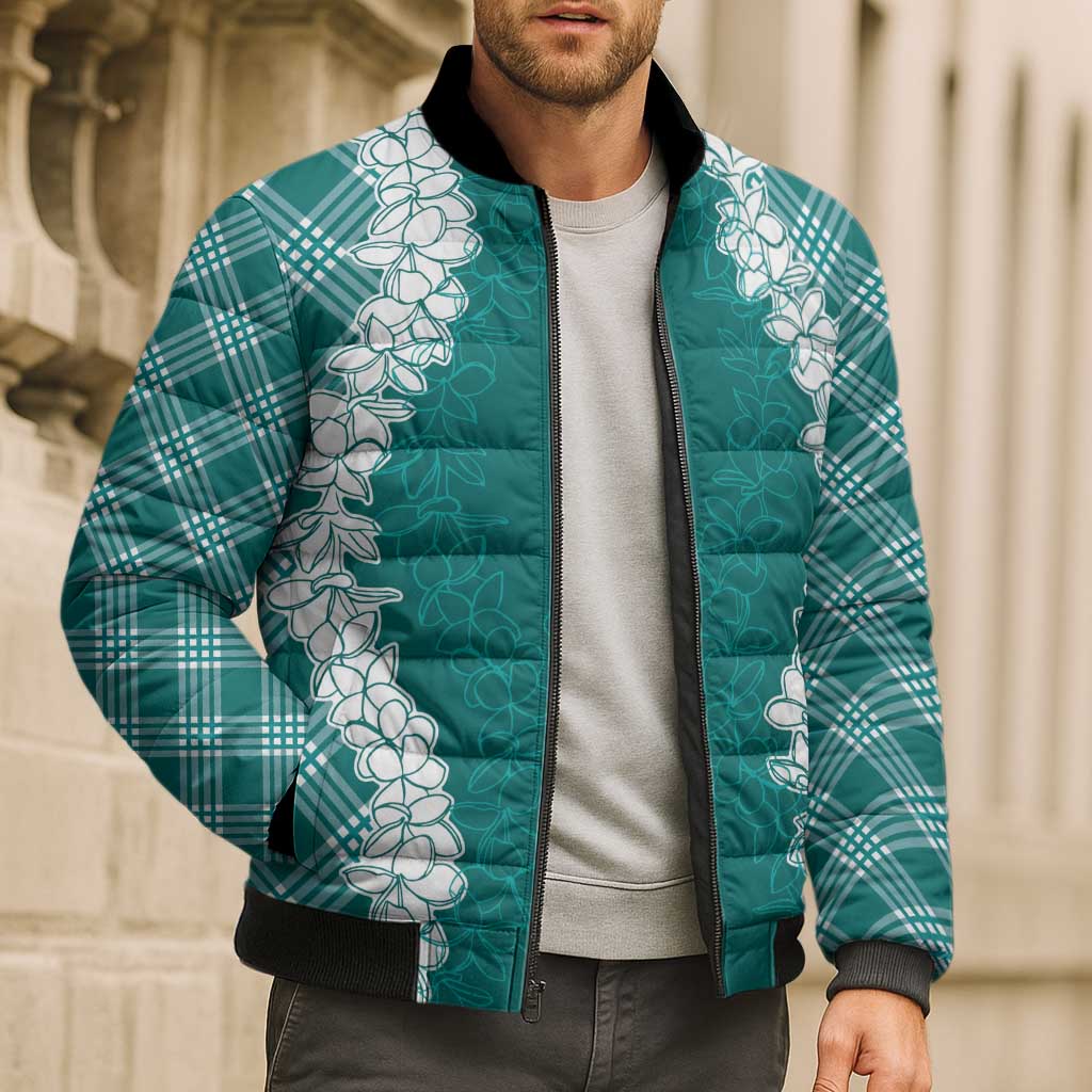 Hawaii Aloha Plumeria Lei Teal Palaka Bomber Puffer Jacket LT7 - Polynesian Pride