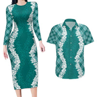 Hawaii Aloha Plumeria Lei Teal Palaka Couples Matching Long Sleeve Bodycon Dress and Hawaiian Shirt LT7 Teal - Polynesian Pride