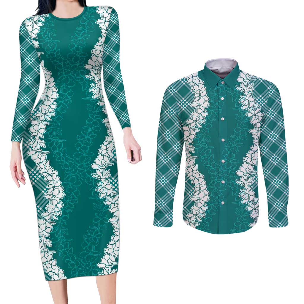 Hawaii Aloha Plumeria Lei Teal Palaka Couples Matching Long Sleeve Bodycon Dress and Long Sleeve Button Shirt - Polynesian Pride