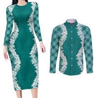 Hawaii Aloha Plumeria Lei Teal Palaka Couples Matching Long Sleeve Bodycon Dress and Long Sleeve Button Shirt - Polynesian Pride