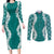 Hawaii Aloha Plumeria Lei Teal Palaka Couples Matching Long Sleeve Bodycon Dress and Long Sleeve Button Shirt - Polynesian Pride