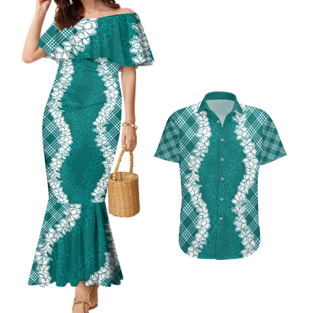 Hawaii Aloha Plumeria Lei Teal Palaka Couples Matching Mermaid Dress and Hawaiian Shirt - Polynesian Pride