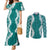 Hawaii Aloha Plumeria Lei Teal Palaka Couples Matching Mermaid Dress and Long Sleeve Button Shirt - Polynesian Pride