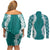 Hawaii Aloha Plumeria Lei Teal Palaka Couples Matching Off Shoulder Short Dress and Long Sleeve Button Shirt - Polynesian Pride