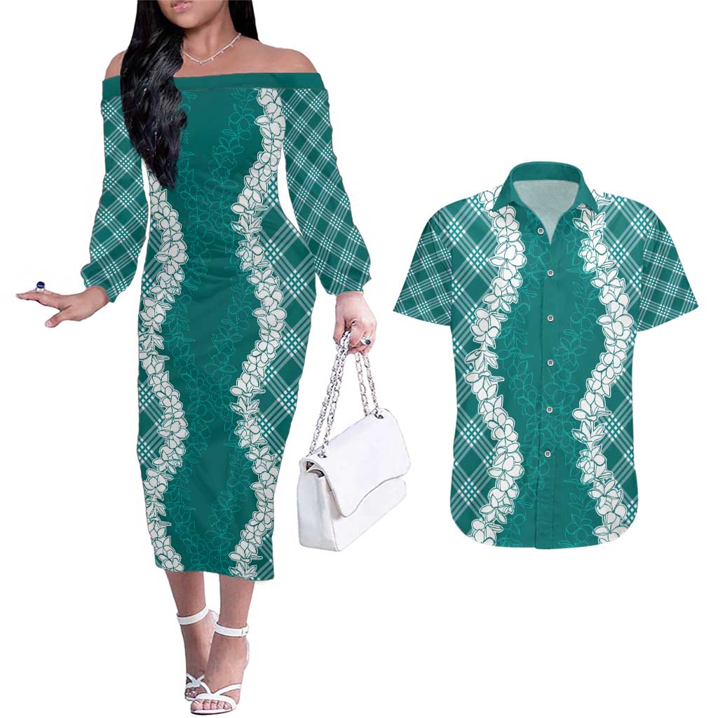 Hawaii Aloha Plumeria Lei Teal Palaka Couples Matching Off The Shoulder Long Sleeve Dress and Hawaiian Shirt - Polynesian Pride