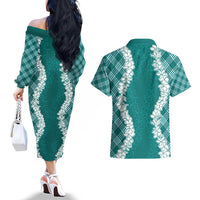 Hawaii Aloha Plumeria Lei Teal Palaka Couples Matching Off The Shoulder Long Sleeve Dress and Hawaiian Shirt - Polynesian Pride