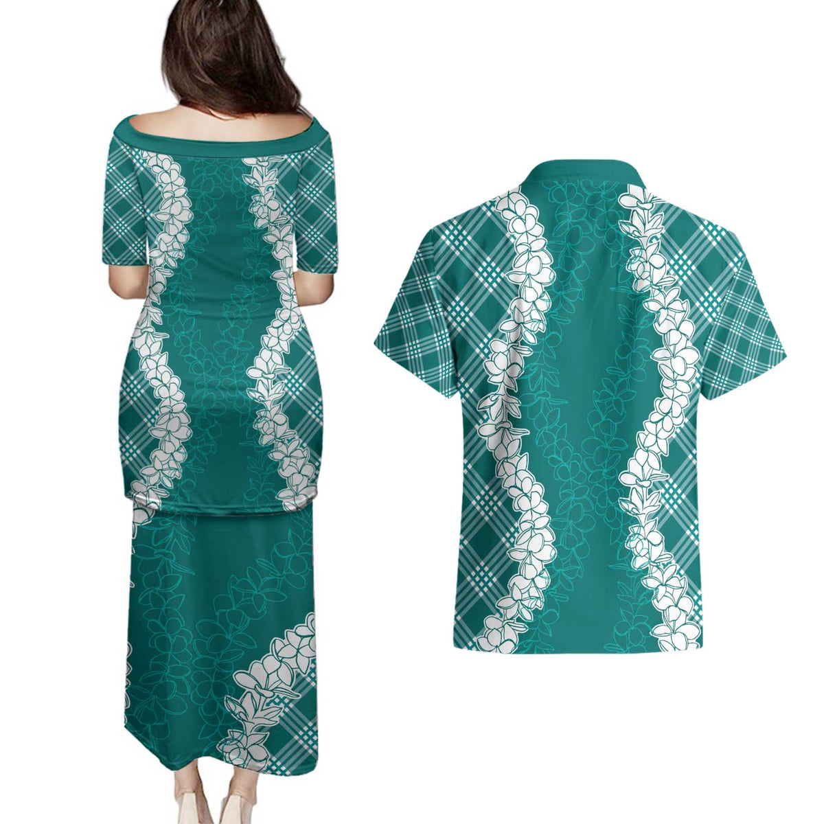 Hawaii Aloha Plumeria Lei Teal Palaka Couples Matching Puletasi and Hawaiian Shirt - Polynesian Pride