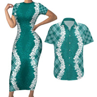 Hawaii Aloha Plumeria Lei Teal Palaka Couples Matching Short Sleeve Bodycon Dress and Hawaiian Shirt LT7 Teal - Polynesian Pride