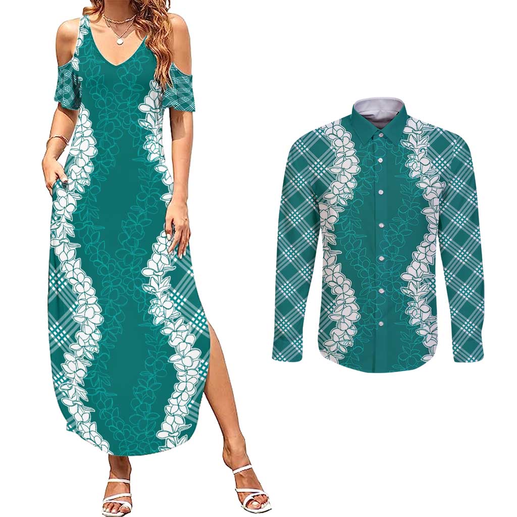 Hawaii Aloha Plumeria Lei Teal Palaka Couples Matching Summer Maxi Dress and Long Sleeve Button Shirt - Polynesian Pride