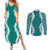 Hawaii Aloha Plumeria Lei Teal Palaka Couples Matching Summer Maxi Dress and Long Sleeve Button Shirt - Polynesian Pride
