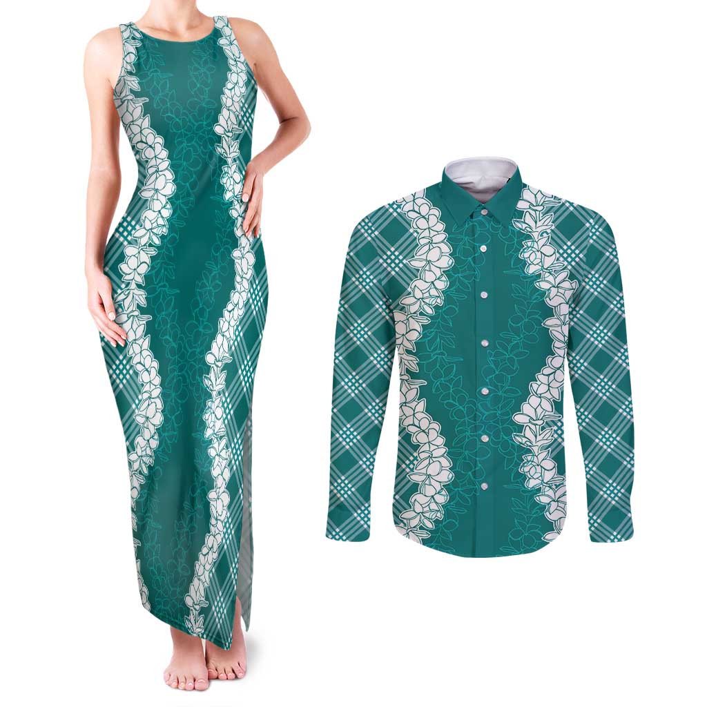 Hawaii Aloha Plumeria Lei Teal Palaka Couples Matching Tank Maxi Dress and Long Sleeve Button Shirt - Polynesian Pride