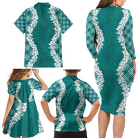 Hawaii Aloha Plumeria Lei Teal Palaka Family Matching Long Sleeve Bodycon Dress and Hawaiian Shirt - Polynesian Pride