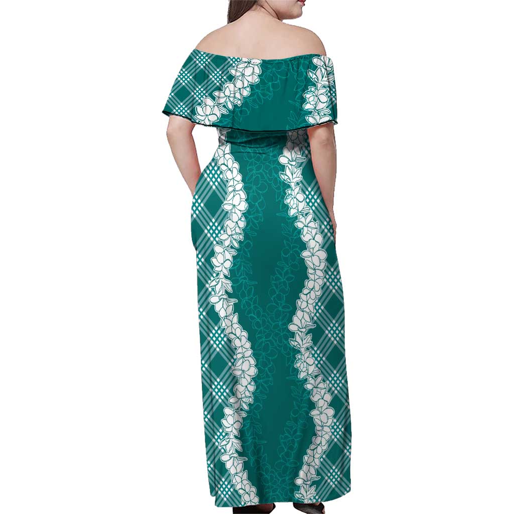 Hawaii Aloha Plumeria Lei Teal Palaka Family Matching Off Shoulder Maxi Dress and Hawaiian Shirt - Polynesian Pride