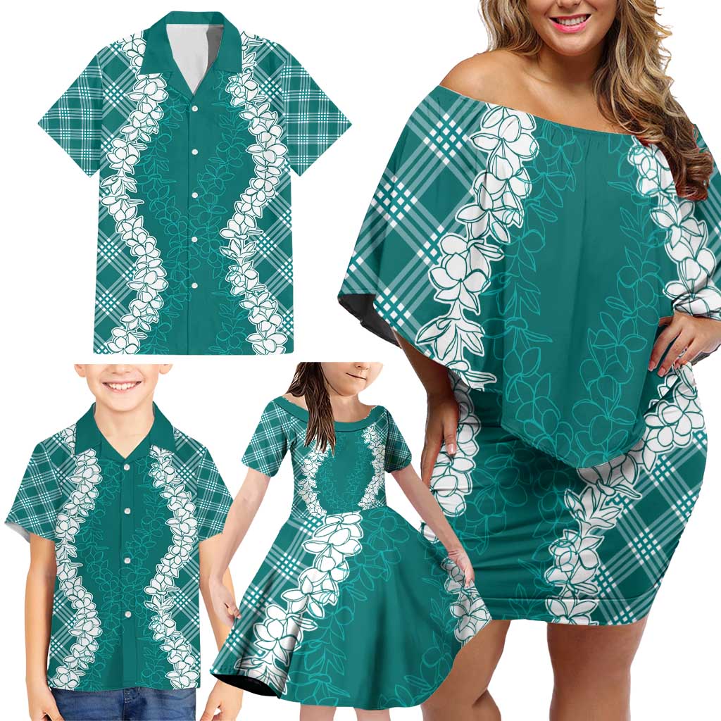 Hawaii Aloha Plumeria Lei Teal Palaka Family Matching Off Shoulder Short Dress and Hawaiian Shirt - Polynesian Pride