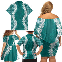 Hawaii Aloha Plumeria Lei Teal Palaka Family Matching Off Shoulder Short Dress and Hawaiian Shirt - Polynesian Pride
