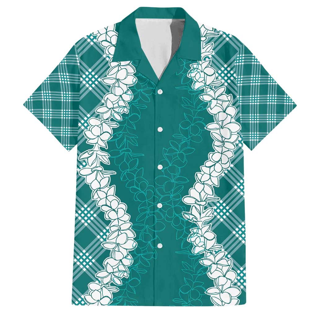 Hawaii Aloha Plumeria Lei Teal Palaka Family Matching Off Shoulder Short Dress and Hawaiian Shirt - Polynesian Pride