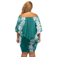 Hawaii Aloha Plumeria Lei Teal Palaka Family Matching Off Shoulder Short Dress and Hawaiian Shirt - Polynesian Pride
