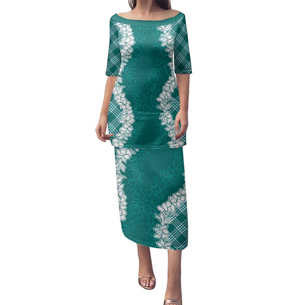 Hawaii Aloha Plumeria Lei Teal Palaka Family Matching Puletasi and Hawaiian Shirt - Polynesian Pride