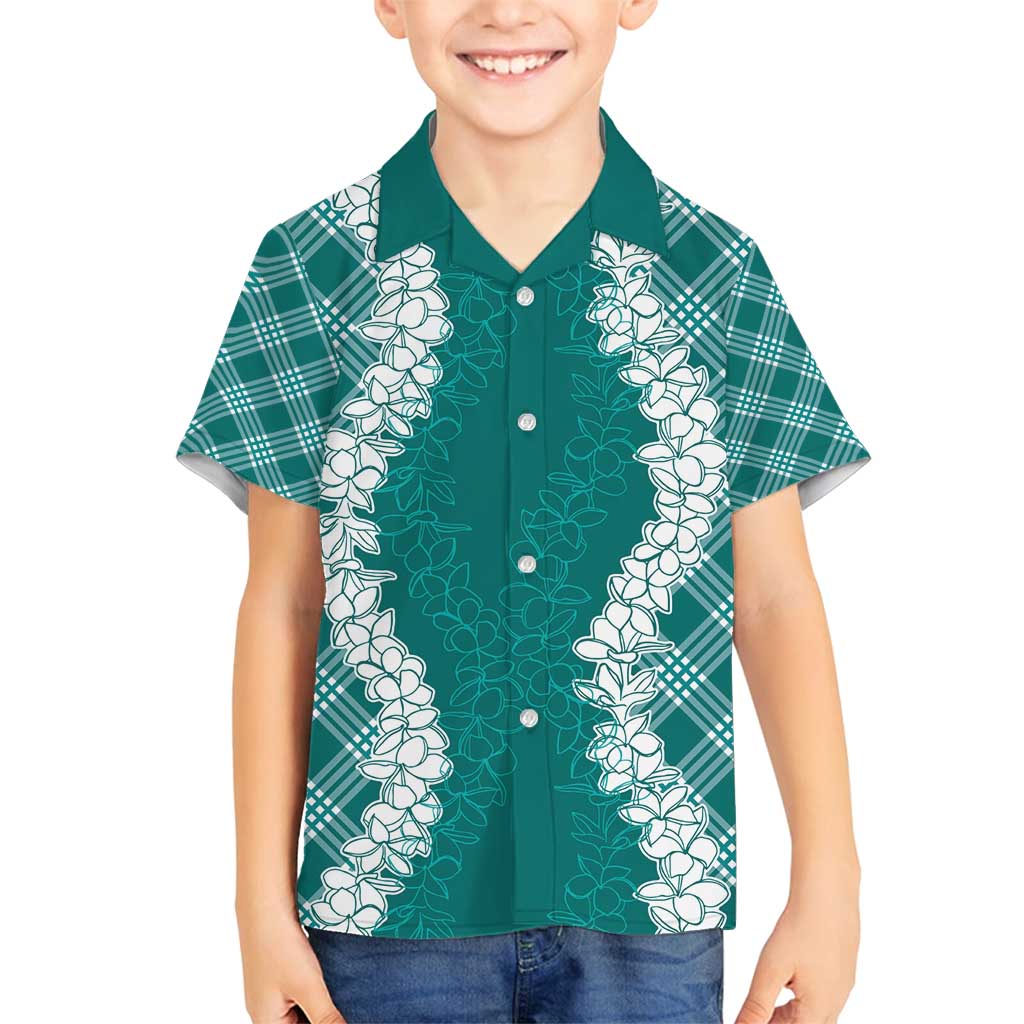 Hawaii Aloha Plumeria Lei Teal Palaka Family Matching Puletasi and Hawaiian Shirt - Polynesian Pride