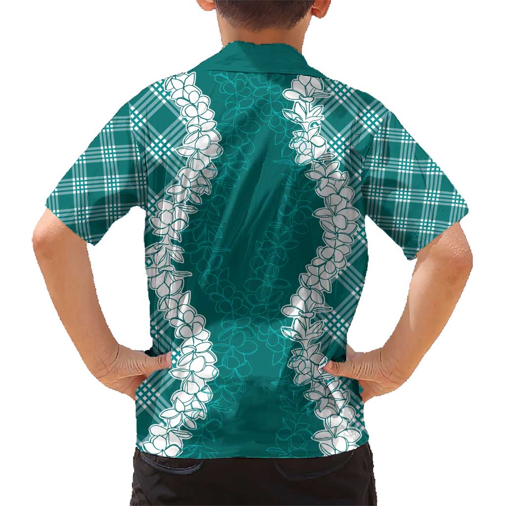 Hawaii Aloha Plumeria Lei Teal Palaka Family Matching Short Sleeve Bodycon Dress and Hawaiian Shirt - Polynesian Pride