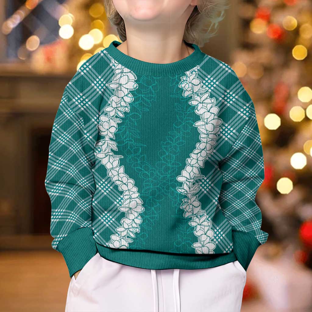 Hawaii Aloha Plumeria Lei Teal Palaka Kid Ugly Christmas Sweater LT7 - Polynesian Pride