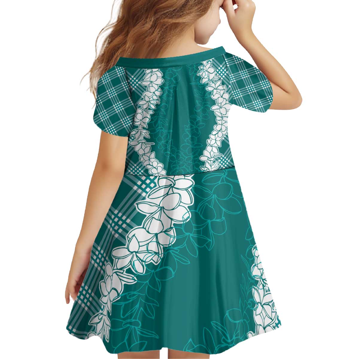 Hawaii Aloha Plumeria Lei Teal Palaka Kid Short Sleeve Dress - Polynesian Pride