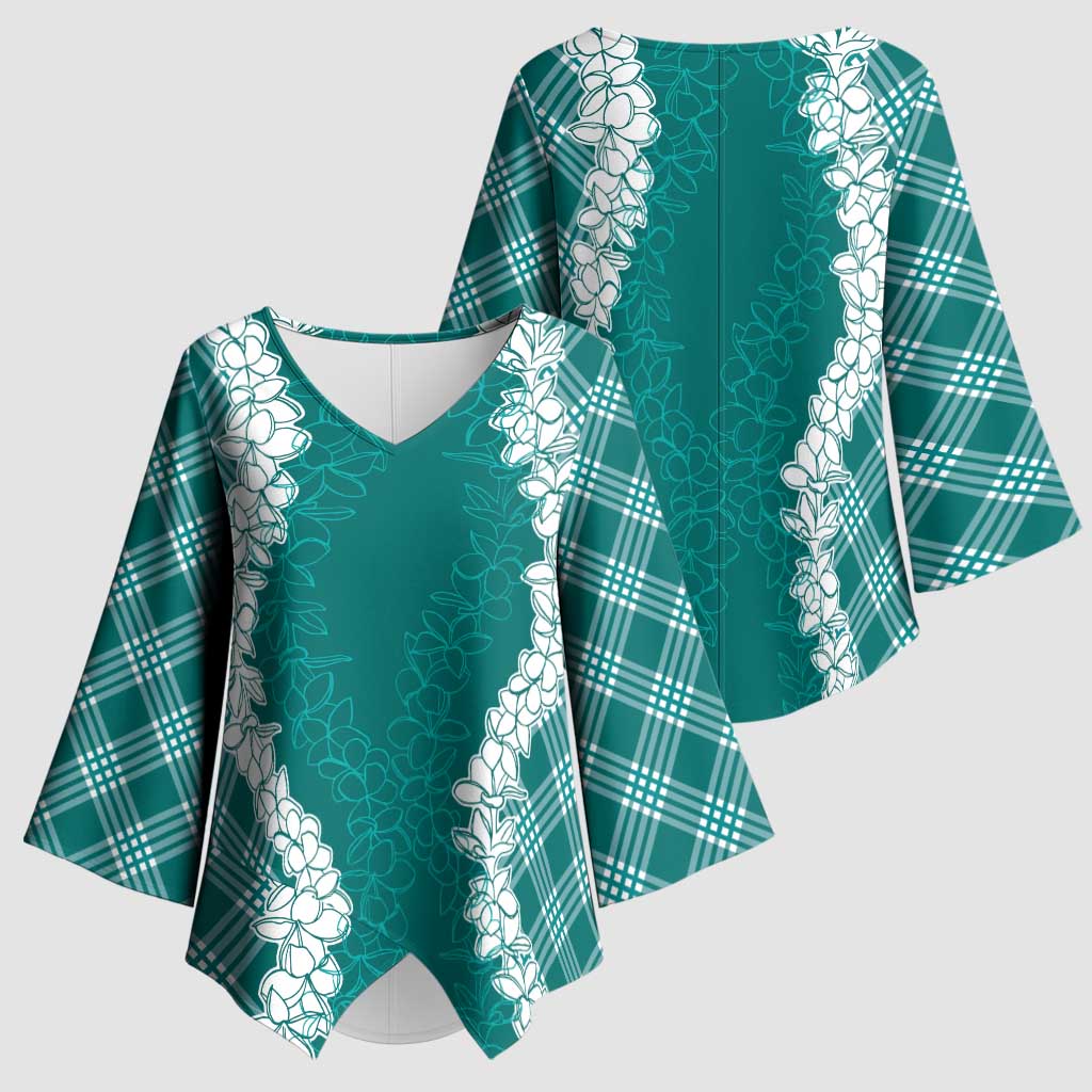 Hawaii Aloha Plumeria Lei Teal Palaka Kimono Sleeve Blouse - Polynesian Pride