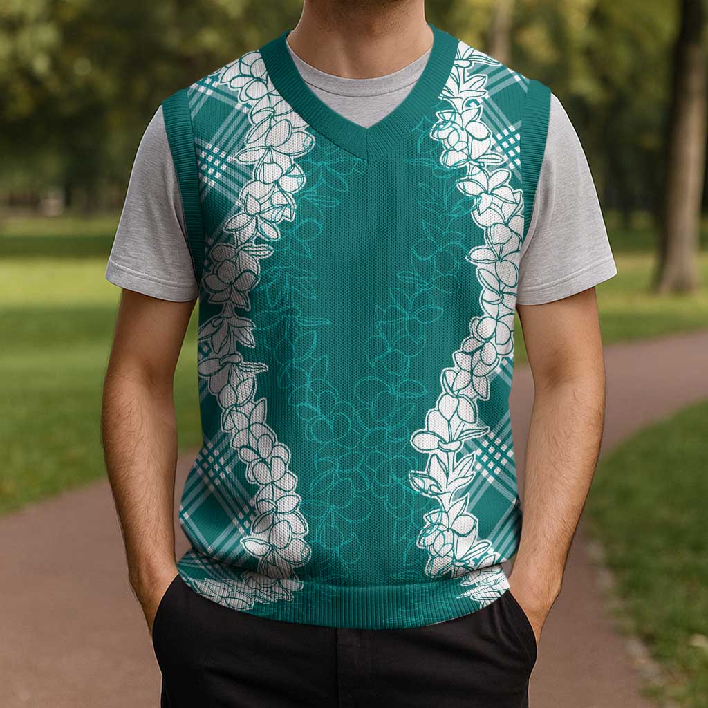 Hawaii Aloha Plumeria Lei Teal Palaka Christmas Knitted V-Neck Vest - Polynesian Pride