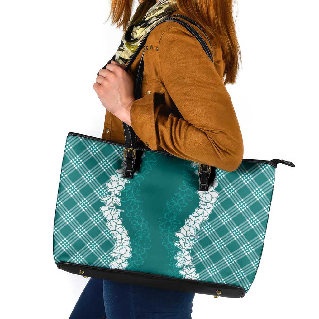 Hawaii Aloha Plumeria Lei Teal Palaka Leather Tote Bag - Polynesian Pride