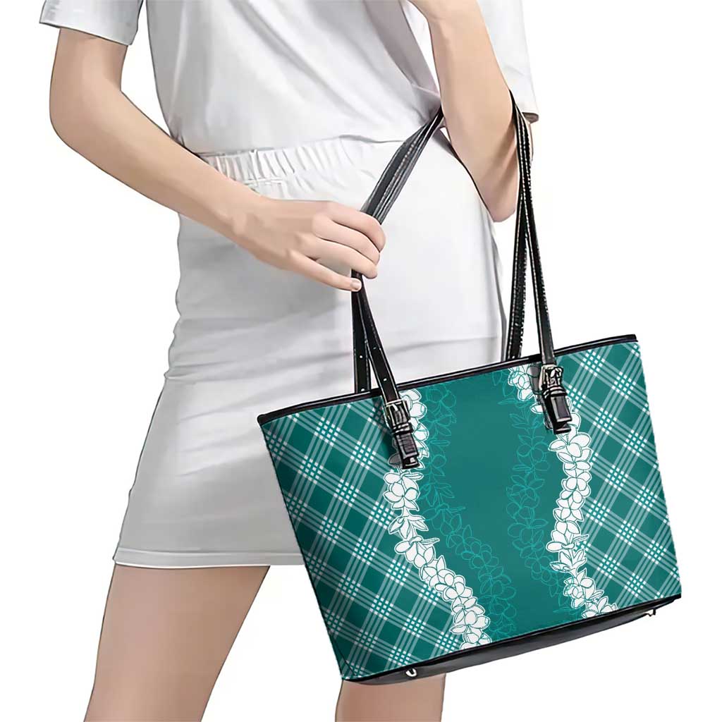 Hawaii Aloha Plumeria Lei Teal Palaka Leather Tote Bag - Polynesian Pride
