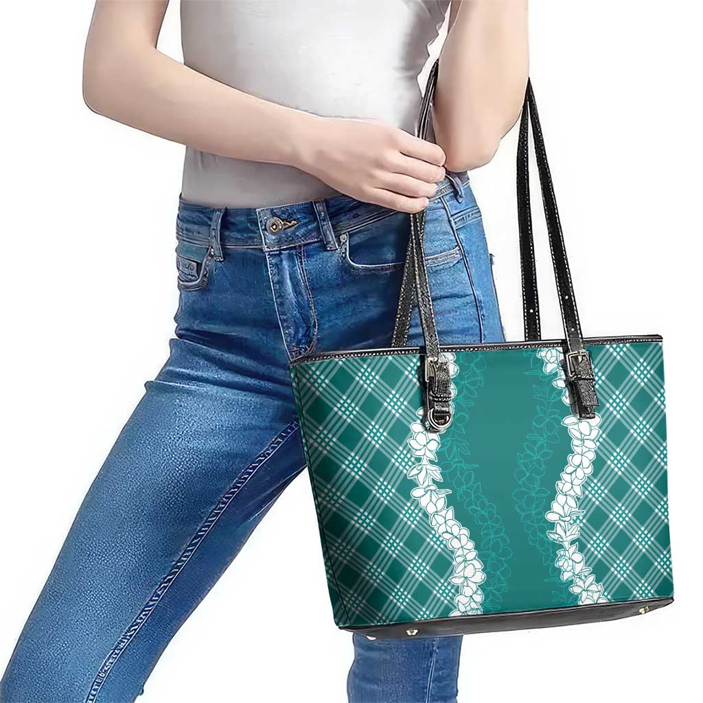 Hawaii Aloha Plumeria Lei Teal Palaka Leather Tote Bag - Polynesian Pride