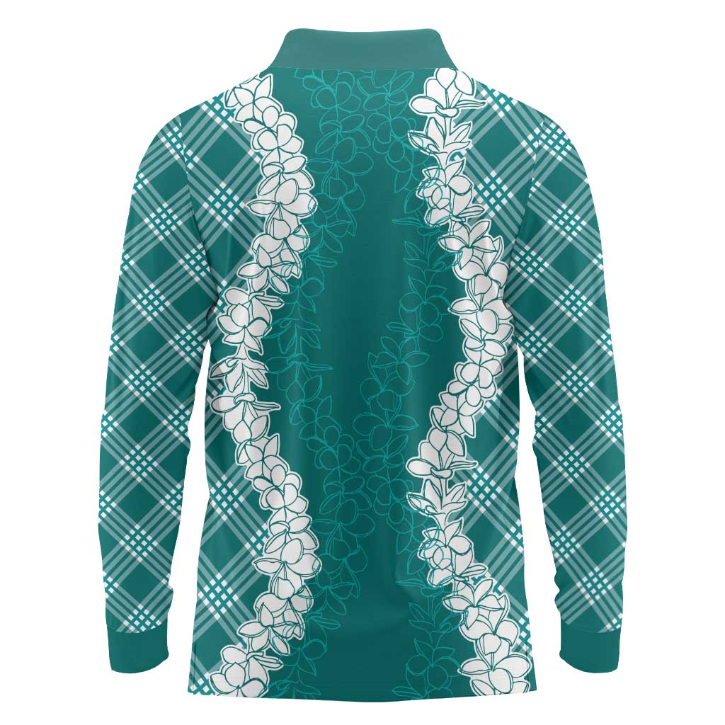 Hawaii Aloha Plumeria Lei Teal Palaka Long Sleeve Polo Shirt - Polynesian Pride