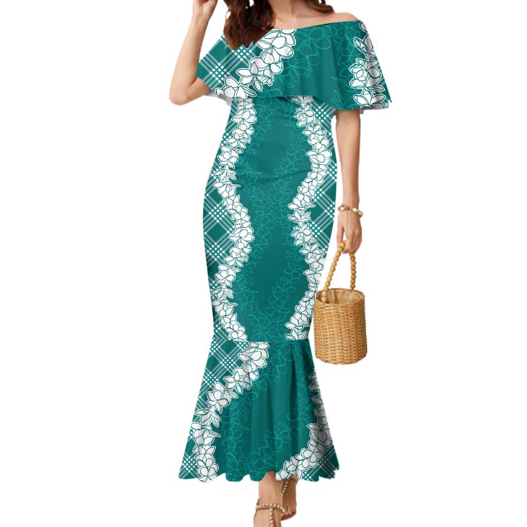 Hawaii Aloha Plumeria Lei Teal Palaka Mermaid Dress - Polynesian Pride