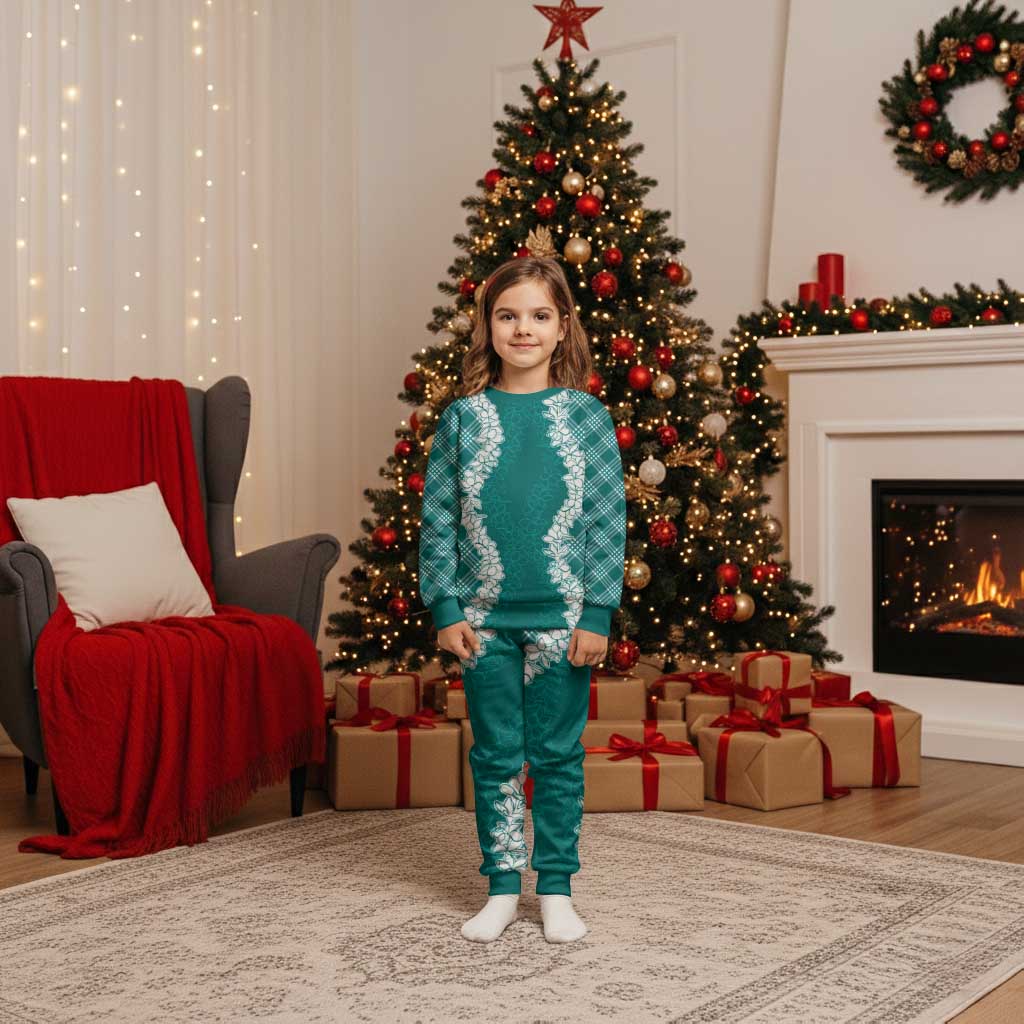 Hawaii Aloha Plumeria Lei Teal Palaka Christmas Pajama Set - Polynesian Pride