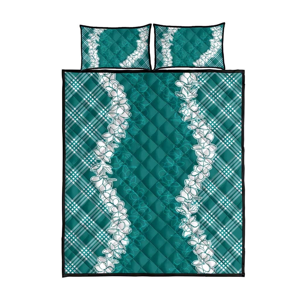 Hawaii Aloha Plumeria Lei Teal Palaka Quilt Bed Set - Polynesian Pride