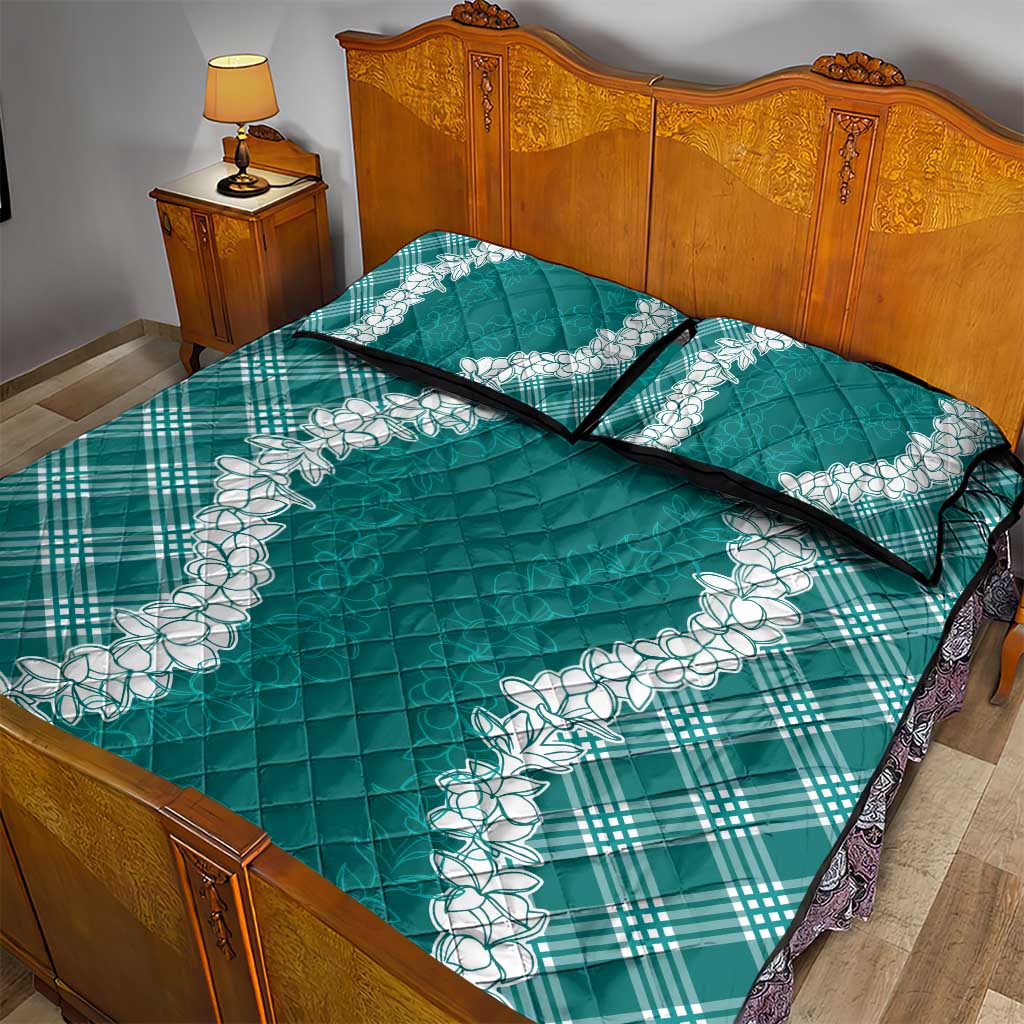 Hawaii Aloha Plumeria Lei Teal Palaka Quilt Bed Set - Polynesian Pride