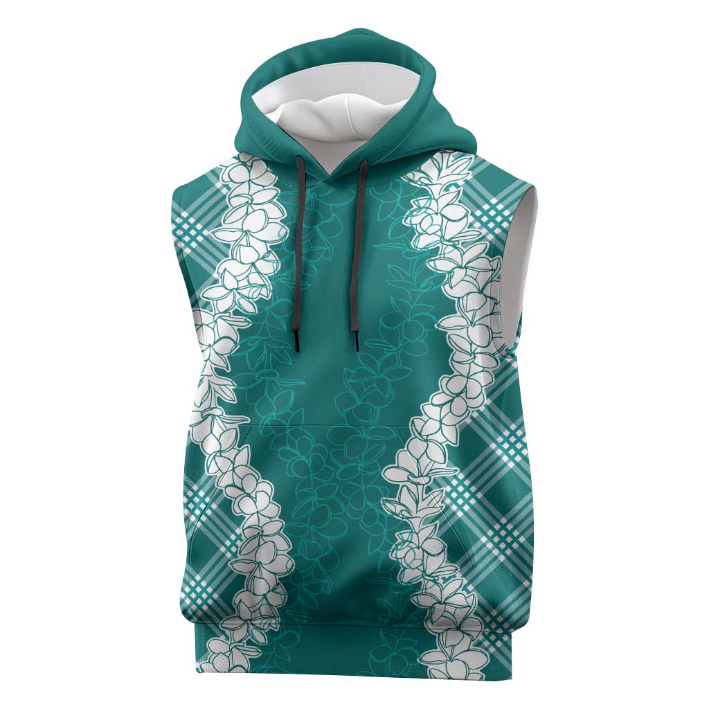 Hawaii Aloha Plumeria Lei Teal Palaka Sleeveless Hoodie - Polynesian Pride