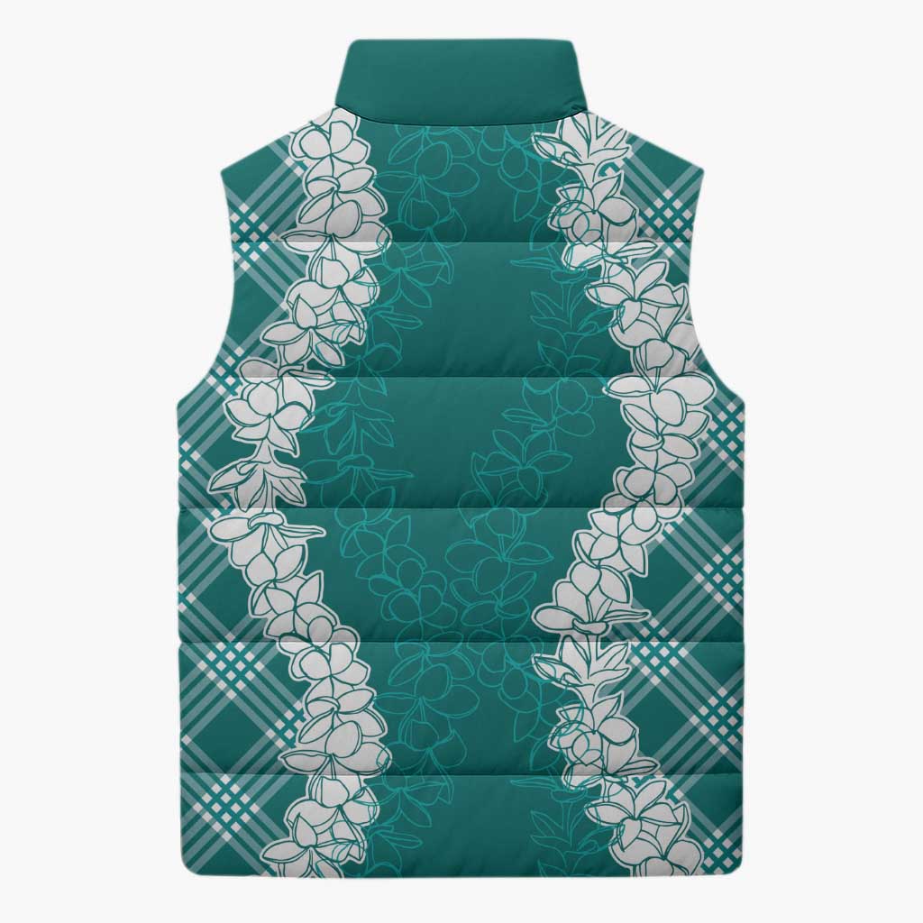 Hawaii Aloha Plumeria Lei Teal Palaka Sleeveless Puffer Jacket - Polynesian Pride