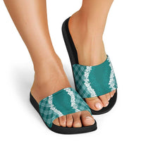 Hawaii Aloha Plumeria Lei Teal Palaka Slide Sandals - Polynesian Pride