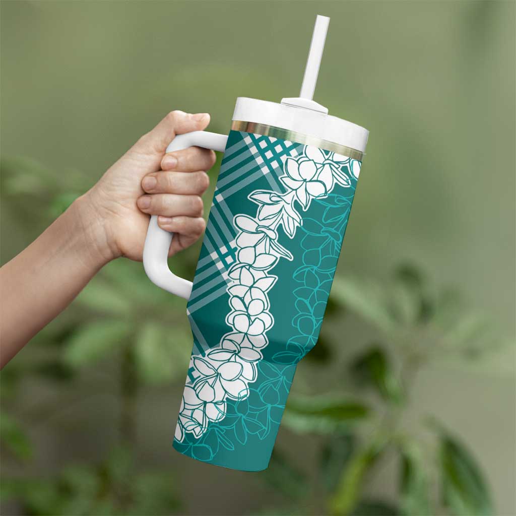 Hawaii Aloha Plumeria Lei Teal Palaka Tumbler With Handle - Polynesian Pride