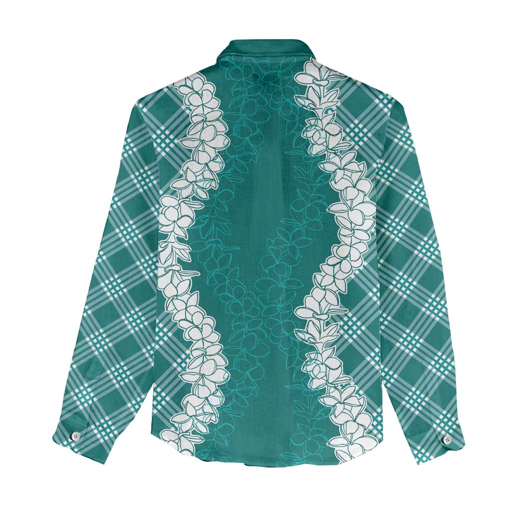 Hawaii Aloha Plumeria Lei Teal Palaka Women Casual Shirt - Polynesian Pride