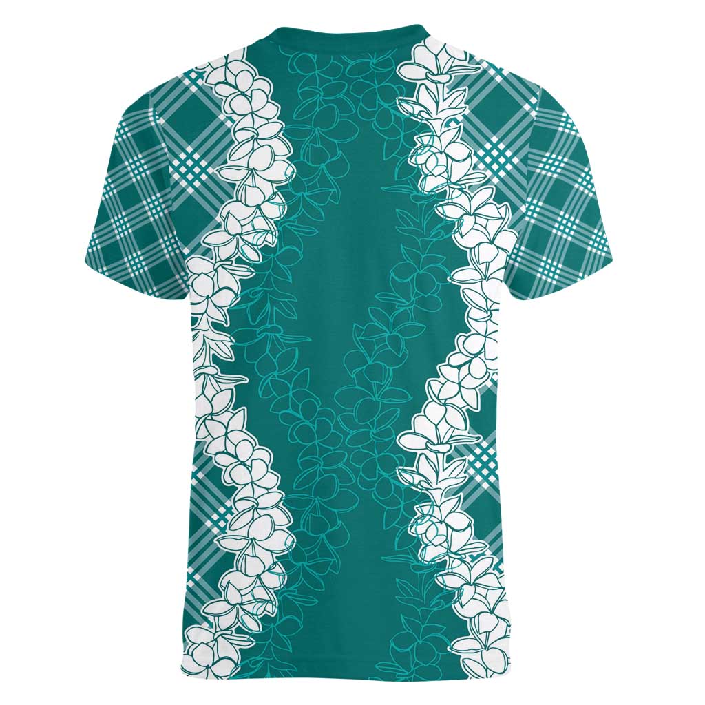 Hawaii Aloha Plumeria Lei Teal Palaka Women V-Neck T-Shirt - Polynesian Pride